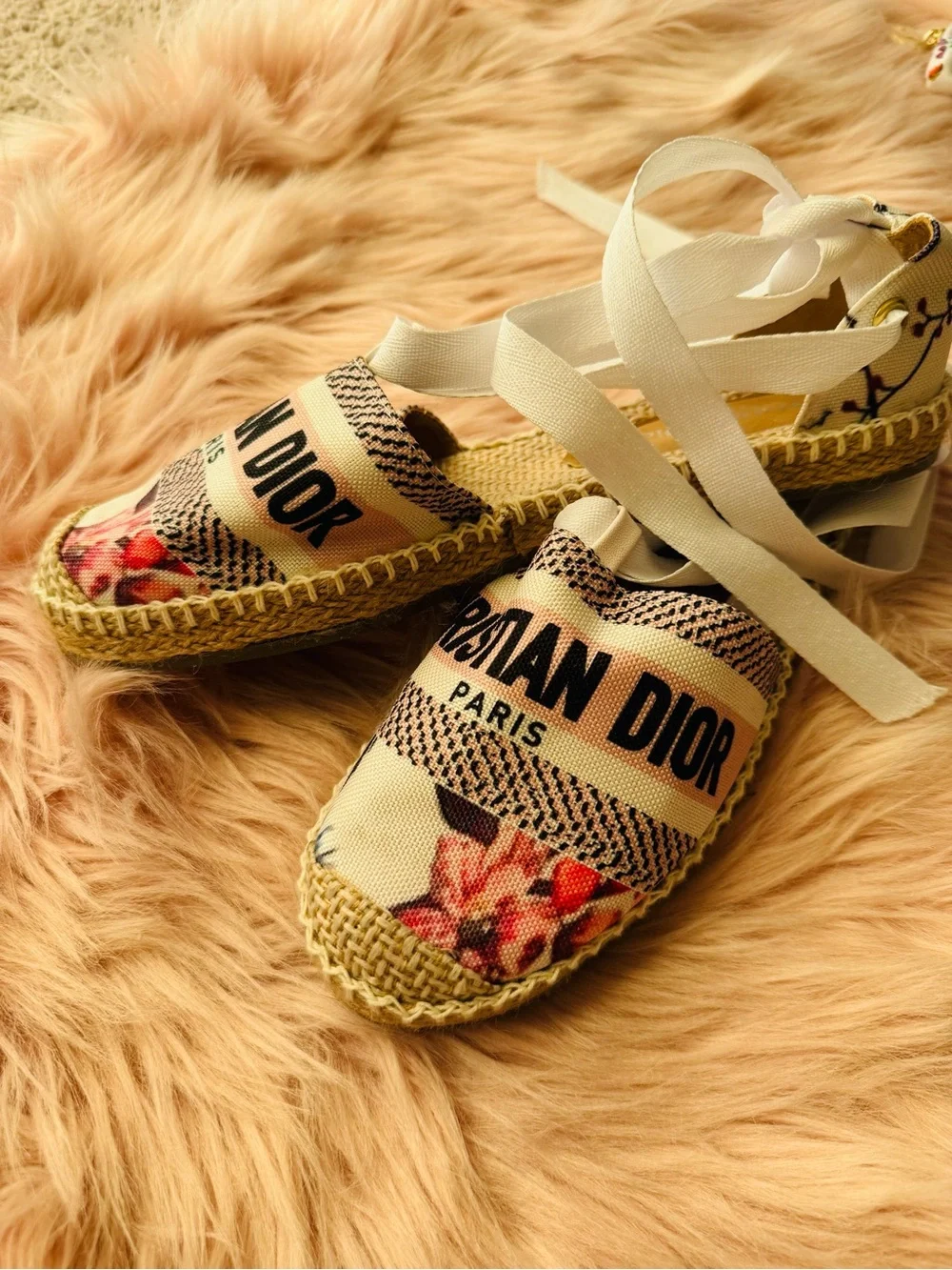 Beige & Pink Floral Espadrille Flats